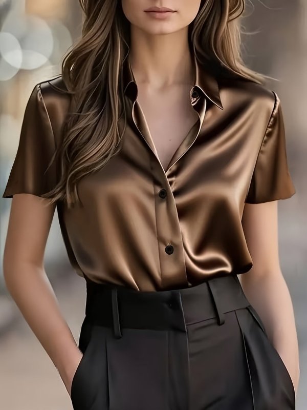Damska Satynowa Bluzka z Krótkim Rękawem – Elegancki Styl Biurowy - WwwhiteTeam - Damska Satynowa Bluzka z Krótkim Rękawem – Elegancki Styl Biurowy - 1XL